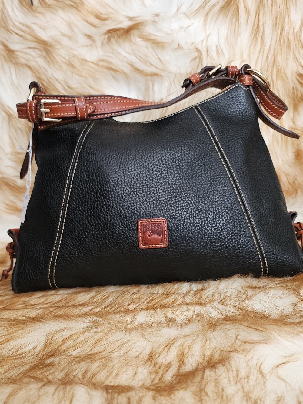 Dooney & Bourke Black Pebbled Leather Shoulder Bag with Brown Trim